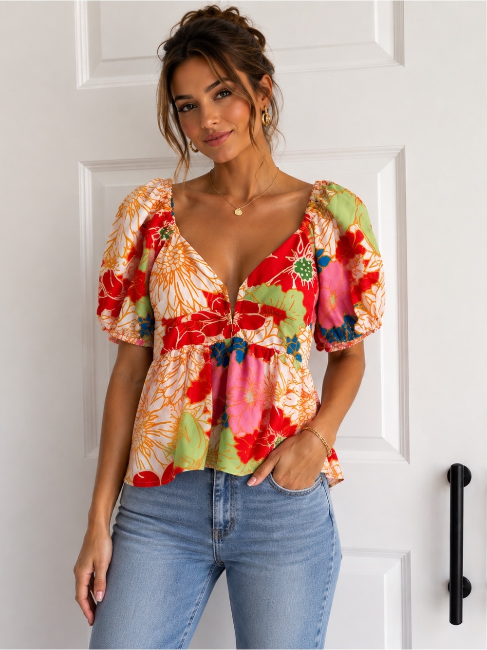 Floral Puff-Sleeve Peplum Top - Red Multicolor small
